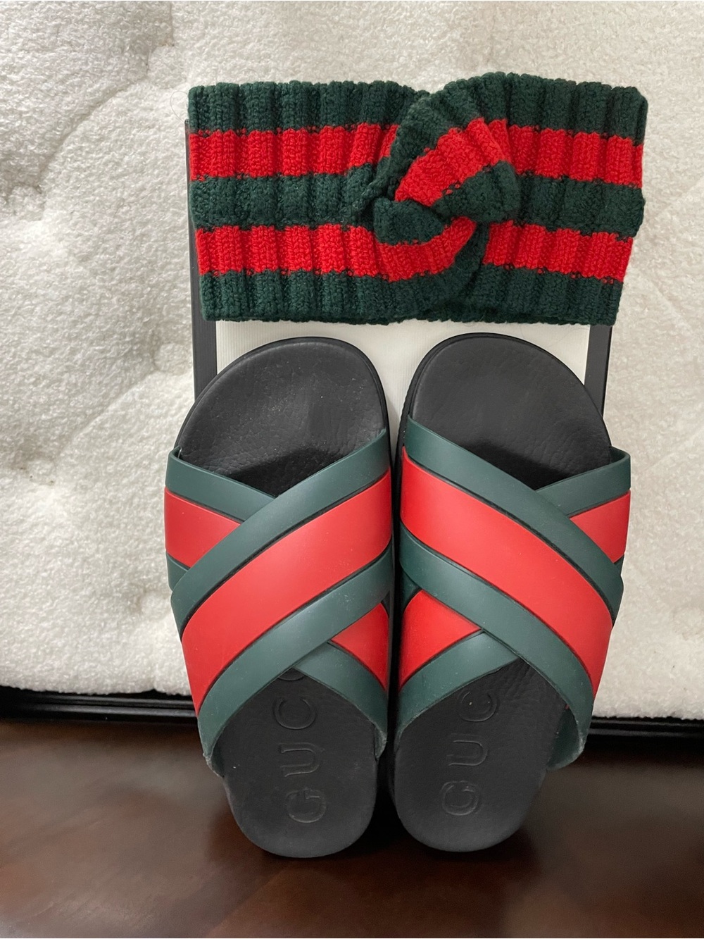 Size 6 men/ Size 10 woman Red and Green Slide Sandals with Matching Headband